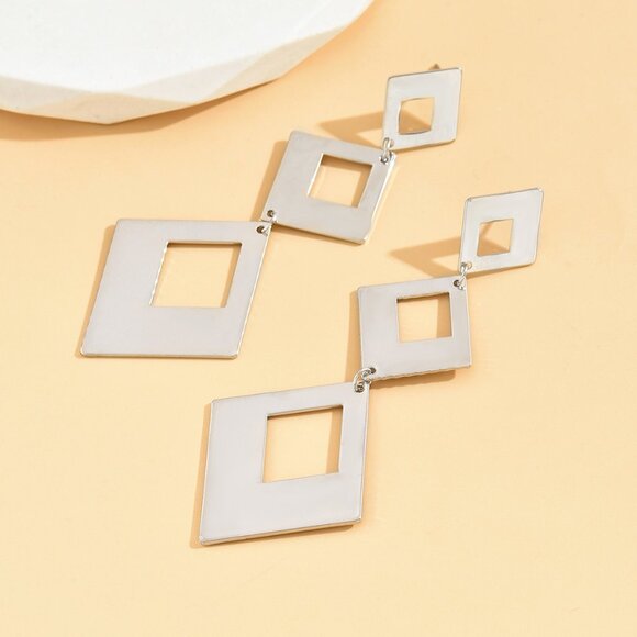 3/$35 Geometric Silver Rhombus Long Drop Dangle Fashion Earrings Jewelry - Picture 5 of 7